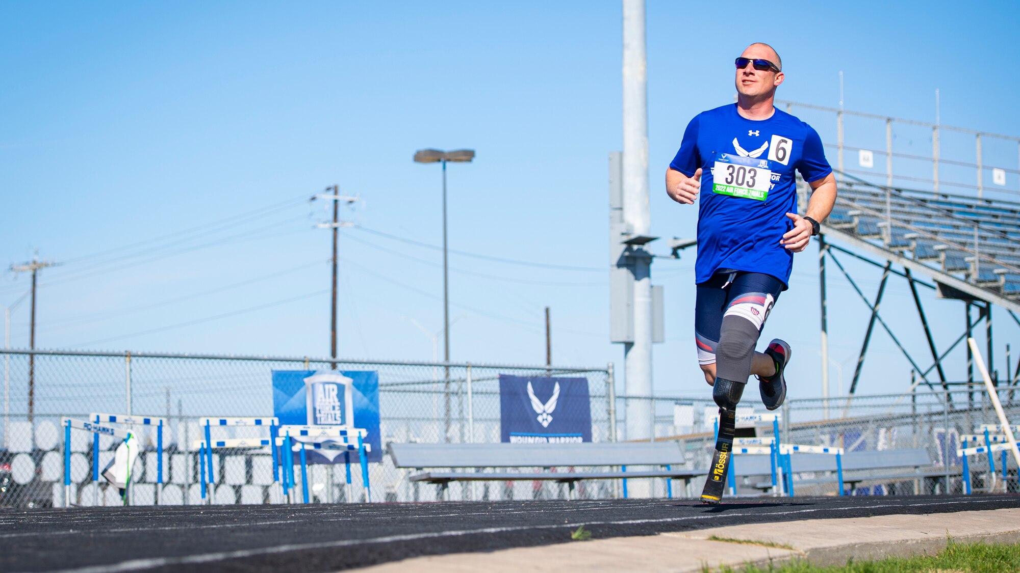 U.S. Air Force Senior Master Sgt. Benjamin Seekell, an Air Force Wounded Warrior athlete, runs a race during a track and field competition at Joint Base San Antonio-Randolph on March 23, 2022.