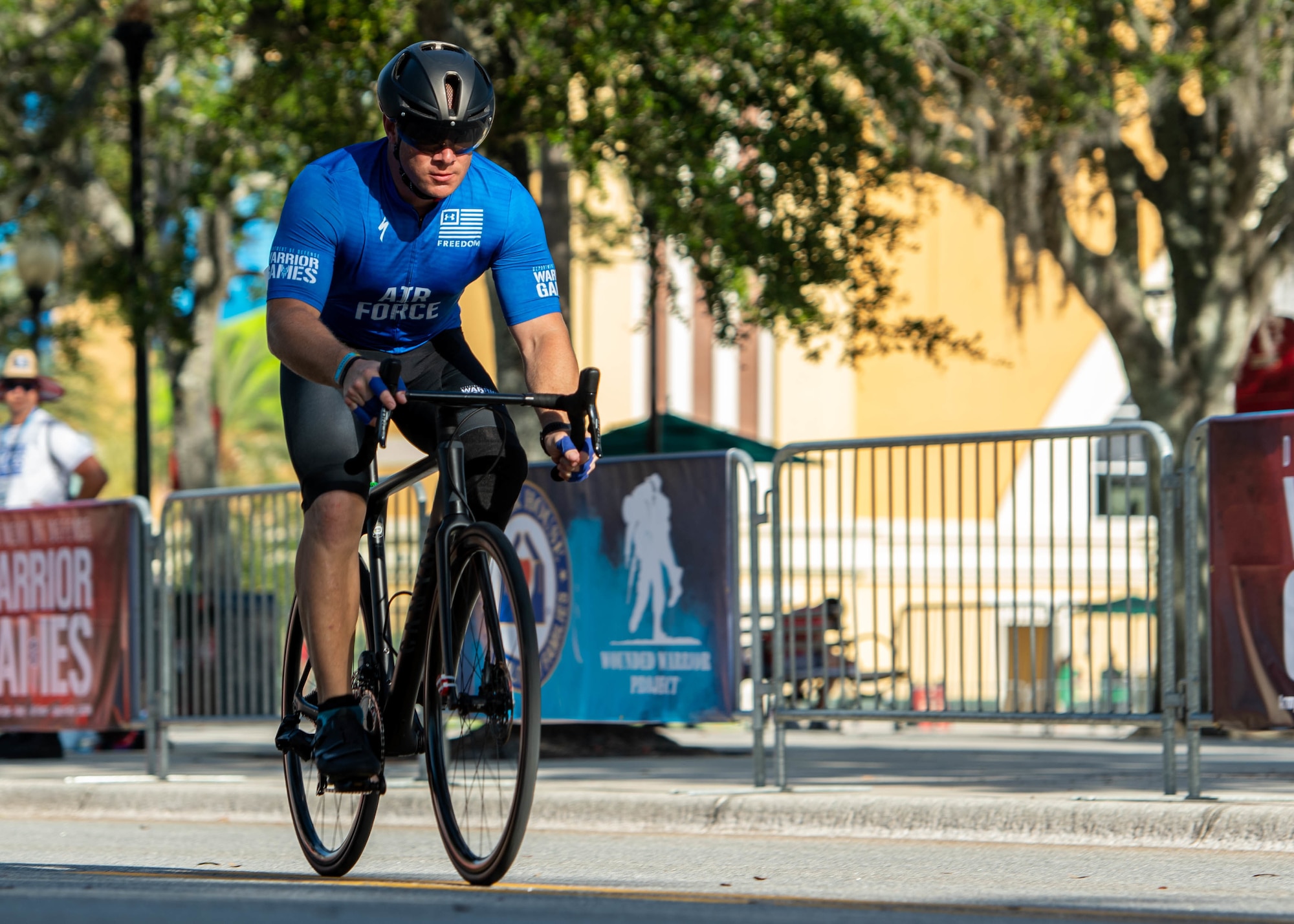 U.S. Air Force Senior MSgt. Benjamin Seekell, a Team Air Force Warrior Games athlete, begins his race during cycling time trials at the 2022 Department of Defense Warrior Games, August 22th, 2022, in Orlando, Florida.