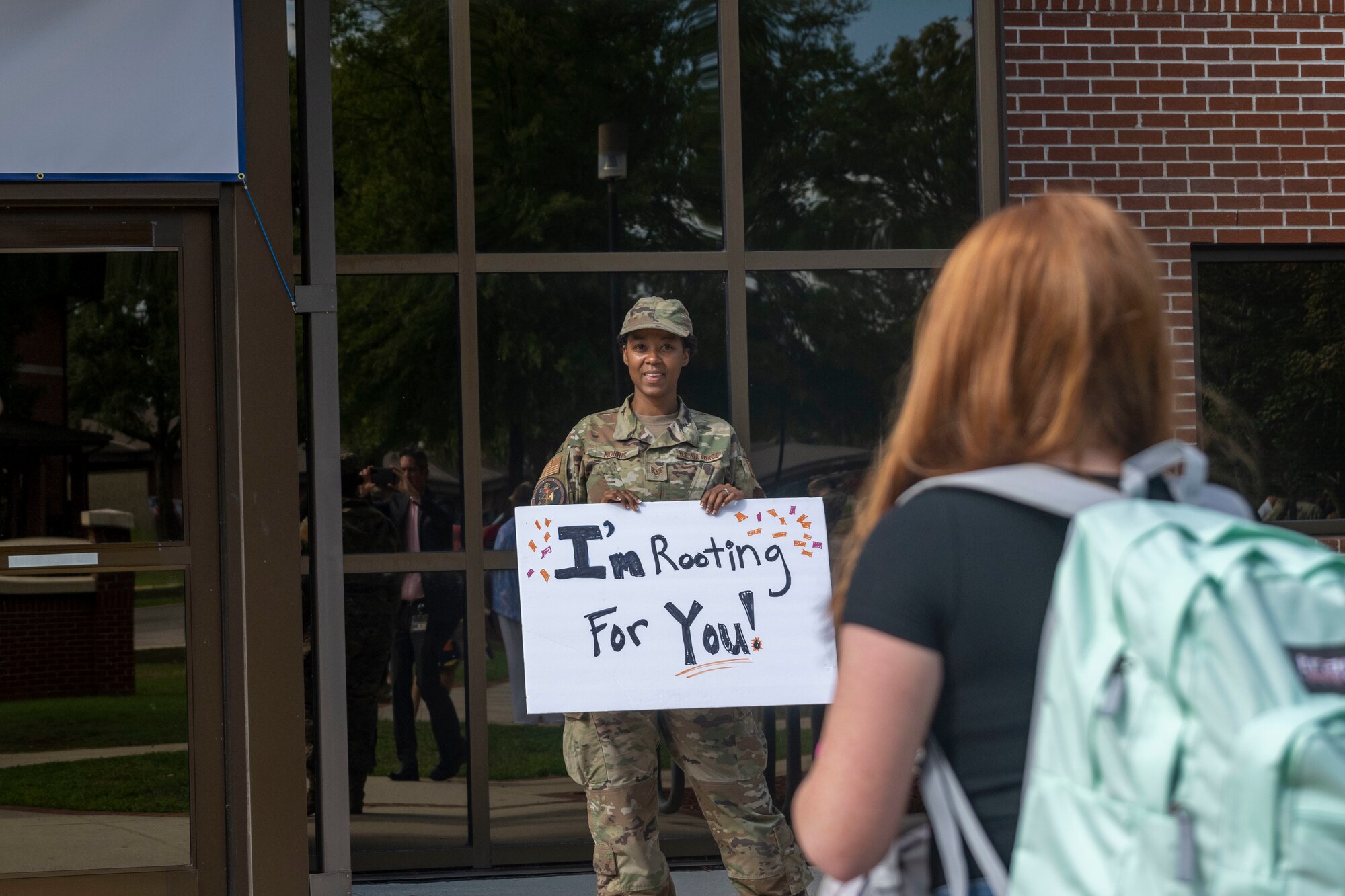 Airmen assigned to the 4th Fighter Wing welcome Wayne School of Technical Arts students at Seymour Johnson Air Force Base, North Carolina, Aug. 29, 2022. WSTA currently has 180 students enrolled and plans to have a total of 420 students enrolled in the next two years. (U.S. Air Force photo by Senior Airman Kevin Holloway)