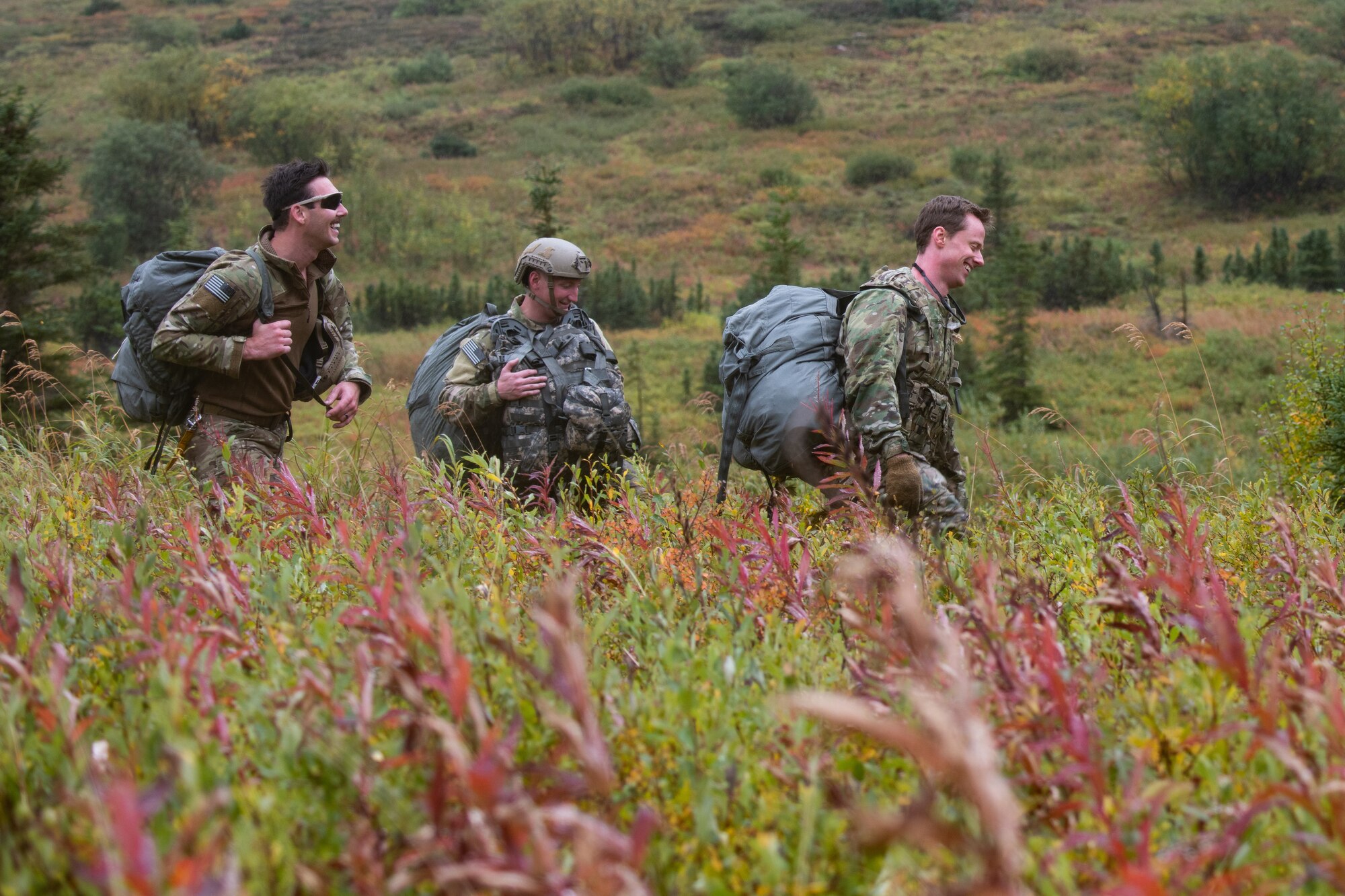 Three Airmen make their way through dense terrain.