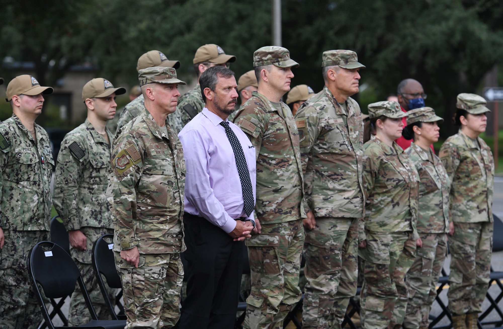 Keesler leadership attend a 9/11 ceremony in front of the 81st Training Wing headquarters building at Keesler Air Force Base, Mississippi, Sept. 9, 2022. The event honored those who lost their lives during the 9/11 attacks. (U.S. Air Force photo by Kemberly Groue)
