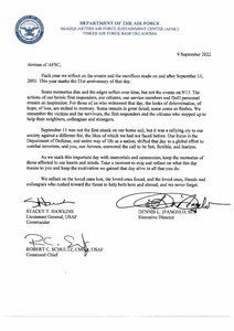 A graphic of the letter signed by Lt Gen Hawkins, Dennis D'Angelo and CMSgt Schultz