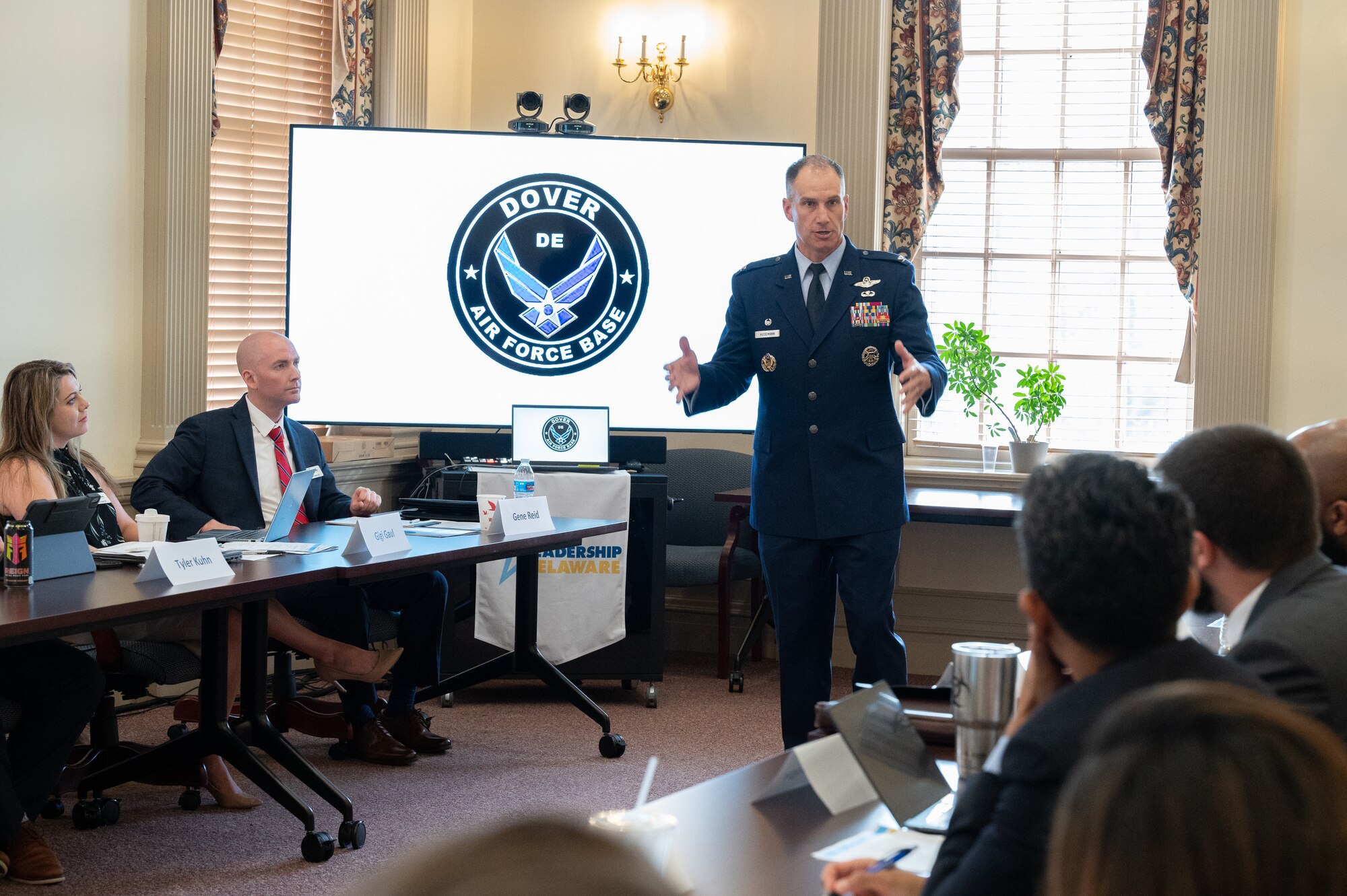 Col. Matt Husemann, 436th Airlift Wing commander, speaks to members of Leadership Delaware, Inc. at Legislative Hall in Dover, Delaware, Sept. 8, 2022. Husemann spoke about the critical role of Dover Air Force Base, shared his experiences and provided mentorship to members of the class of 2022. The mission of LDI is to recruit and mentor the best and brightest young Delawareans, who can and will transform their communities and state. (U.S. Air Force photo by Mauricio Campino)