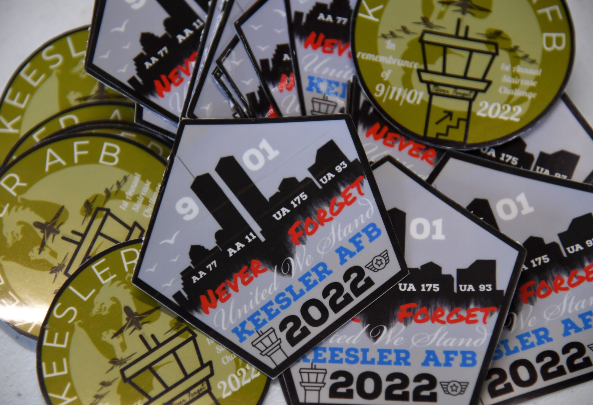 Stickers are displayed during the 9/11 Tower Run inside the air traffic control tower at Keesler Air Force Base, Mississippi, Sept. 9, 2022. The event honored those who lost their lives during the 9/11 attacks. (U.S. Air Force photo by Kemberly Groue)