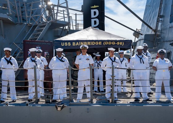 NORFOLK (Sept. 9, 2022) Sailors assigned to the Arleigh Burke-class guided-missile destroyer USS Bainbridge (DDG 96) await liberty call after returning to Naval Station Norfolk from a regularly scheduled deployment in the U.S. 6th Fleet area of operations in support of theater security cooperation efforts and to defend U.S., allied and partner interests, Sept. 9, 2022. Bainbridge was deployed as part of the Harry S. Truman Carrier Strike Group. (U.S. Navy photo by Mass Communication Specialist 1st Class Ryan Seelbach)