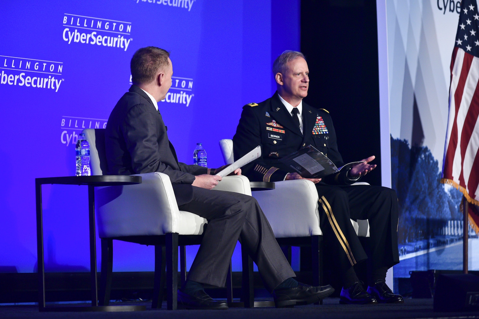 Defense Intelligence Agency Director Lt. Gen. Scott Berrier participates in a fireside chat with U.S. Cyber Command Executive Director David Frederick at the Billington Cybersecurity Summit on Sept. 9, 2022.