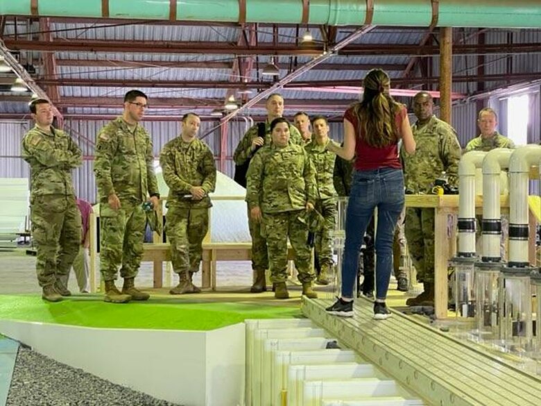 Project lead Kiara Pazan brief military officers from the Mississippi Valley Division, the Vicksburg District, and U.S. Army Engineer Research and Development Center (ERDC) on testing methods used to identify existing hydraulic conditions in the pumps.