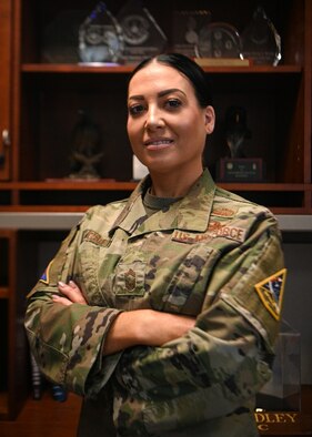 U.S. Air Force Chief Master Sgt. Cherise Mosley, Space Launch Delta 30's Senior Enlisted Airman, poses in her office on Vandenberg Space Force Base, Calif., Aug. 31, 2022. (U.S. Space Force photo by Airman 1st Class Kadielle Shaw)