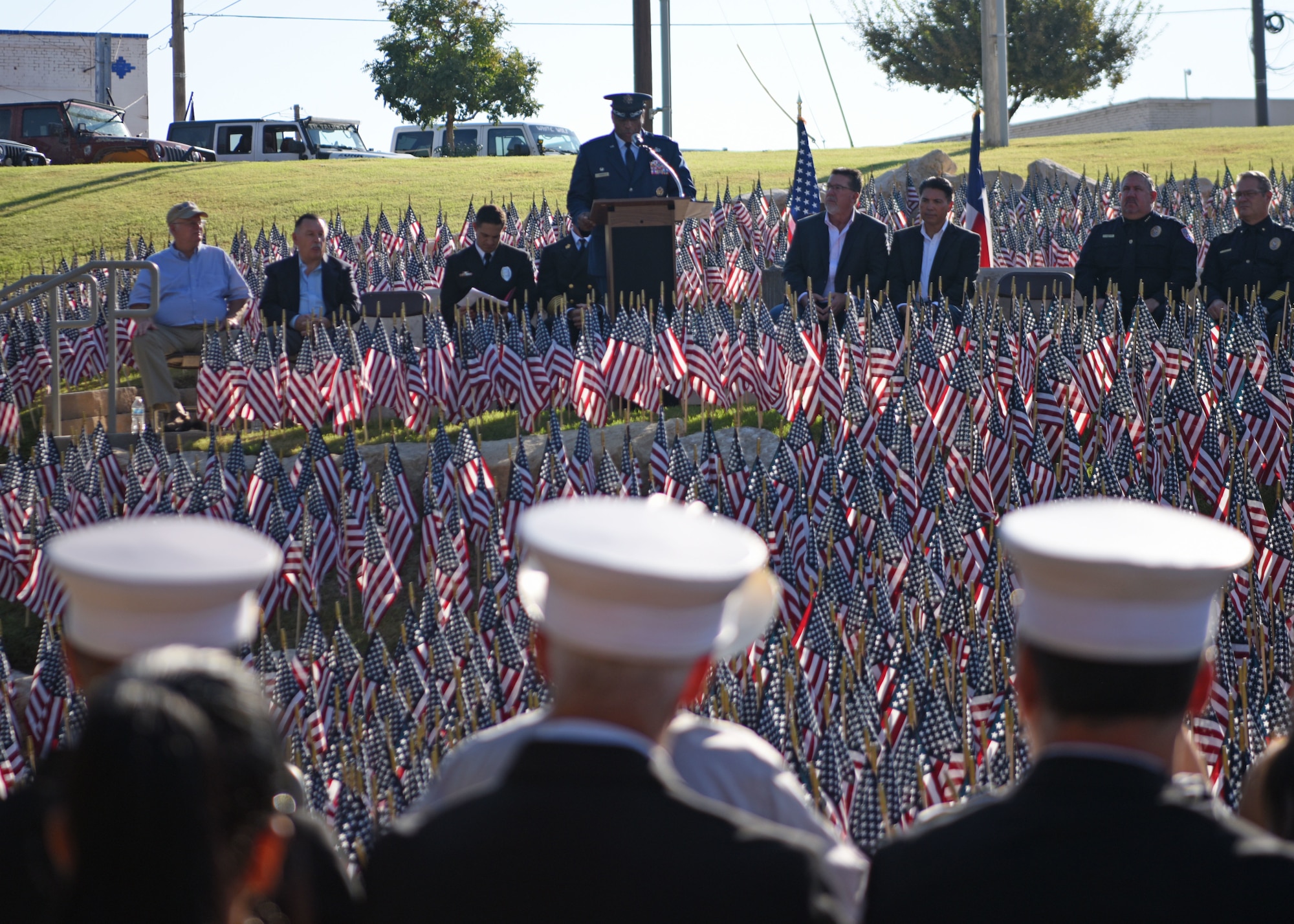 U.S. Air Force Col. Eugene Moore, 17th Mission Support Group commander, gives a speech during a 9/11 remembrance ceremony at San Angelo, Texas, Sept. 9, 2022. Moore spoke on the events of 9/11 and the courageous actions of average citizens and first responders. (U.S. Air Force photo by Senior Airman Ethan Sherwood)