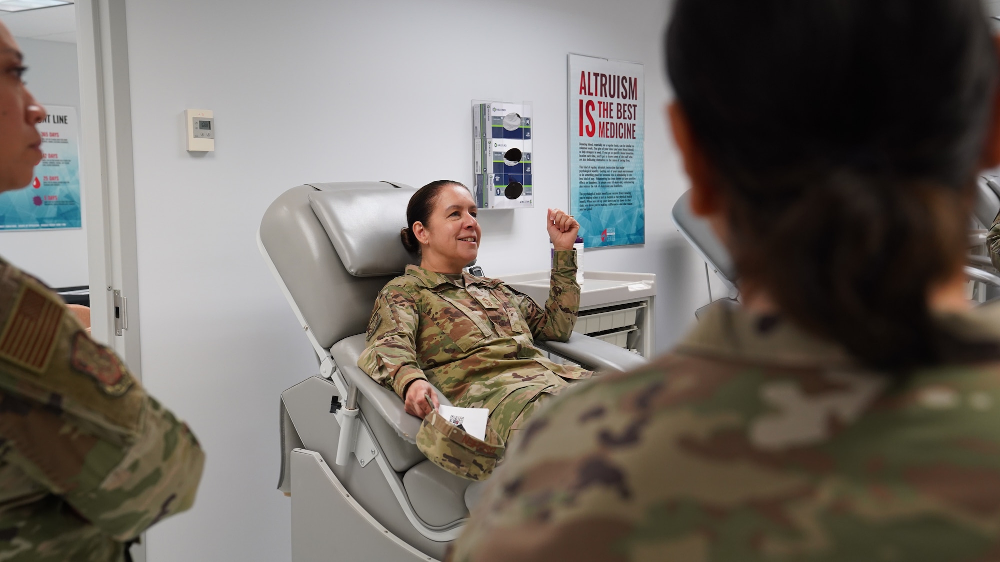 U.S. Air Force Chief Master Sgt. Paula Eischen, 81st MDG senior enlisted leader, lays in a donation chair at the Blood Donation Center during their open house at Keesler Air Force Base, Mississippi, Sept. 9, 2022. The BDC’s mission is to support the Armed Services Blood Program by collecting, processing, storing, distributing and transfusing blood worldwide in times of peace and war.