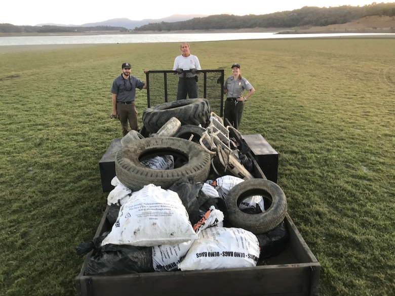 Lake Mendocino Park Rangers and volunteers collecting 750 pounds of trash. During a cleanup in September of 2021. U.S. Army photo by: Christopher Eddy