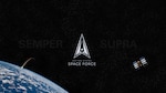 The Space Force seal overlays a star field with a satellite and portion of earth on either side.