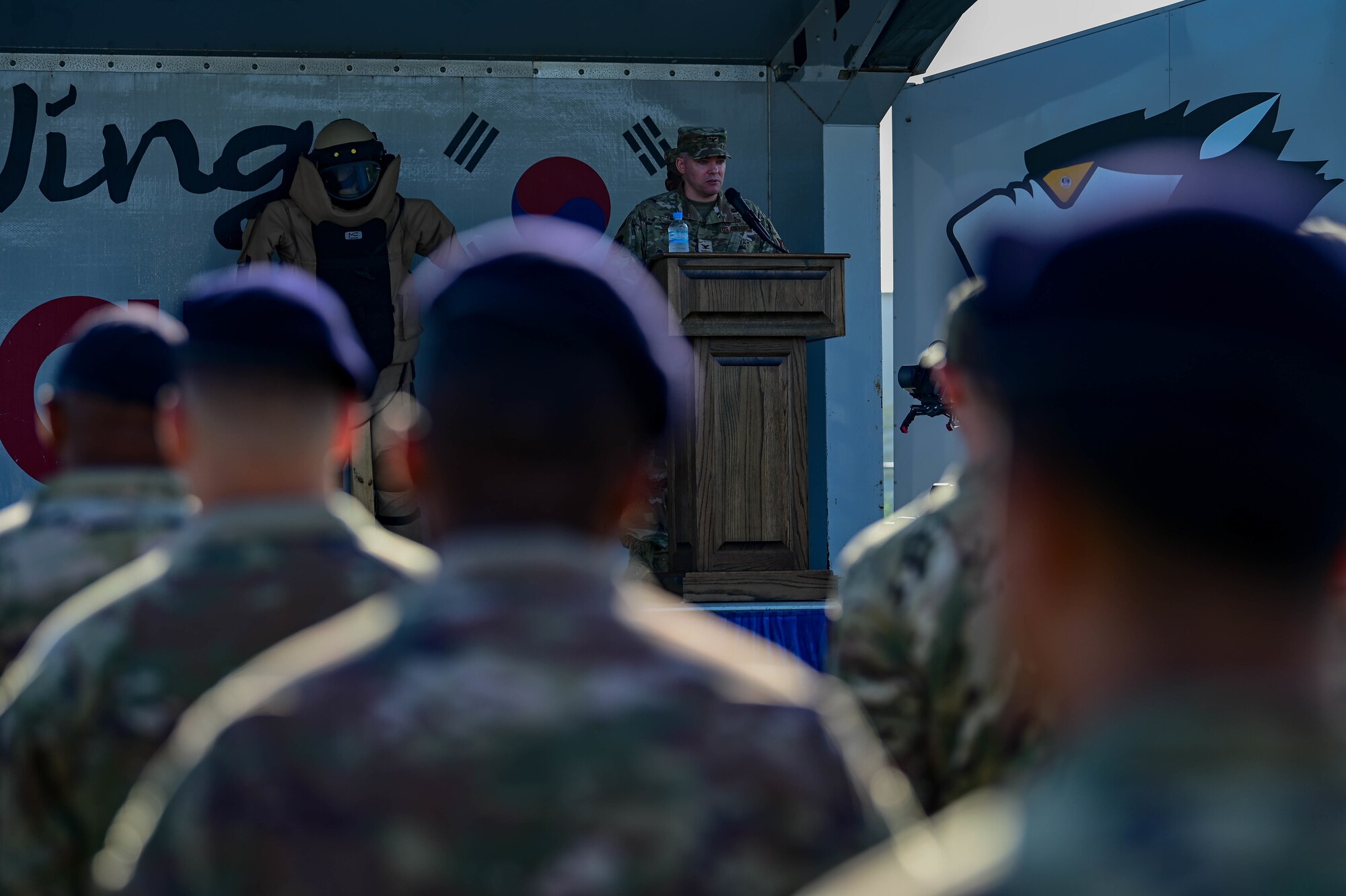 Col. Joseph “Falcon” Coughlin, 8th Mission Support Group commander, speaks during a 9/11 remembrance ceremony at Kunsan Air Base, Republic of Korea, Sept. 8, 2022. During his talk, Coughlin reflected on his personal experiences in the aftermath of 9/11. (U.S. Air Force photo by Senior Airman Shannon Braaten)
