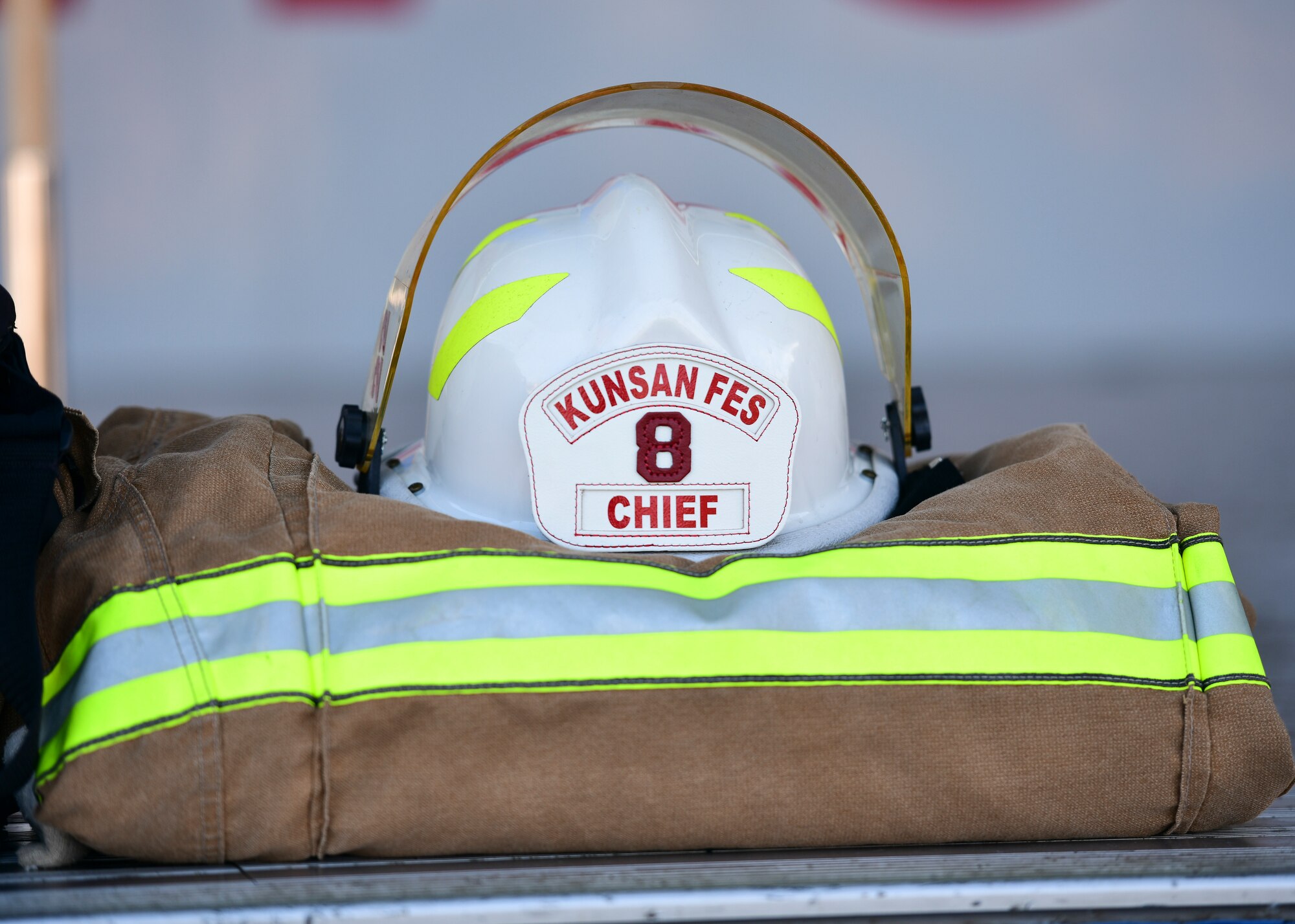 An 8th Civil Engineer Squadron fire fighter uniform is on display during a 9/11 remembrance ceremony at Kunsan Air Base, Republic of Korea, Sept. 8, 2022. The 8th Fighter Wing annually pays tribute to all the lives lost during the events that occurred on Sept. 11, 2001. (U.S. Air Force photo by Staff Sgt. Isaiah J. Soliz)