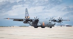 A C-130H Hercules aircraft from the 152rd Airlift Wing, Nevada Air National Guard, taxis after a Modular Airborne Firefighting System (MAFFS) training mission in Boise, Idaho, April 26, 2022.