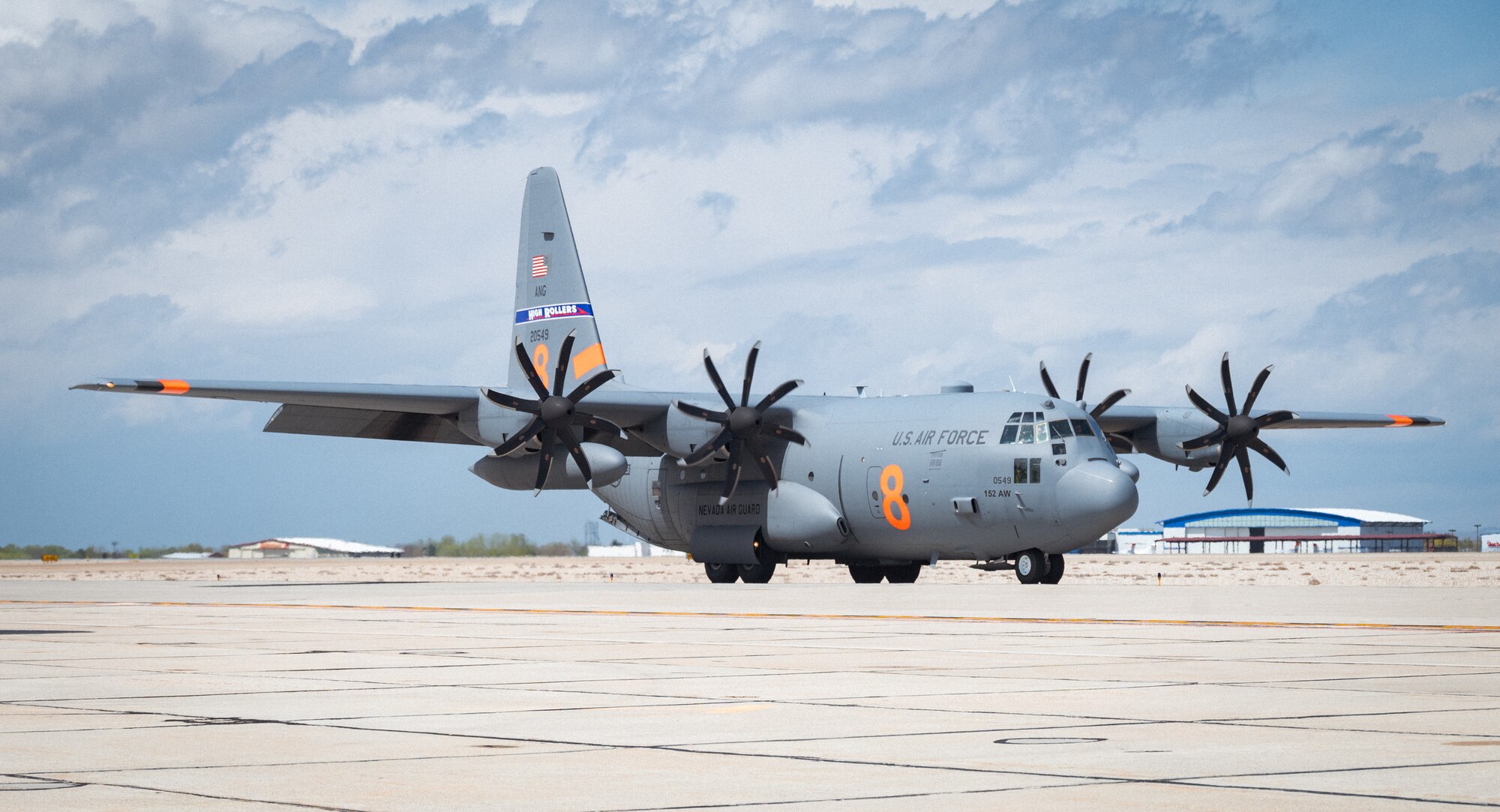 A C-130H Hercules aircraft from the 152rd Airlift Wing, Nevada Air National Guard, taxis after a Modular Airborne Firefighting System (MAFFS) training mission in Boise, Idaho, April 26, 2022.