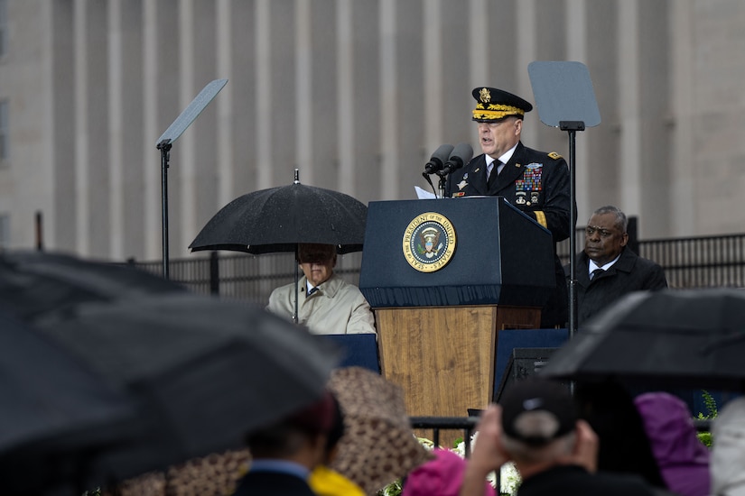 Army Gen. Mark A. Milley, chairman of the Joint Chiefs of Staff, speaks at a lectern.