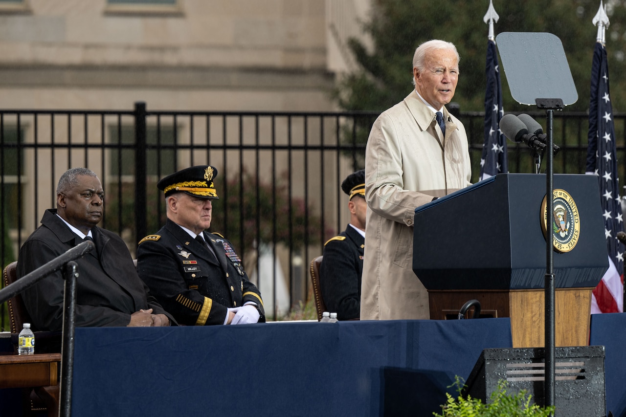 President Joe Biden speaks from a lectern.
