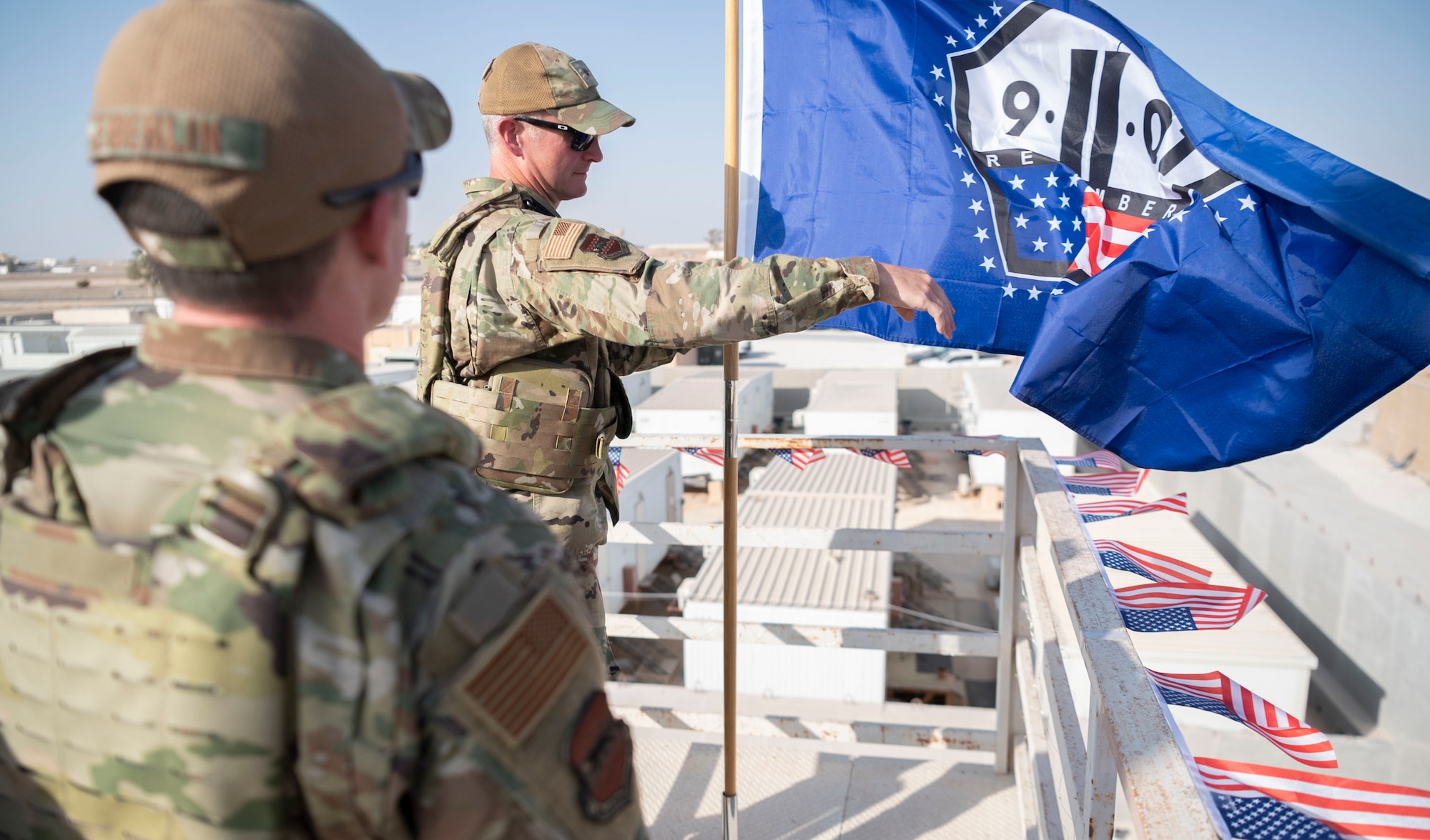 The 332d Air Expeditionary Wing honors those lives lost during the September 11 terrorist attacks in 2001. The 332d AEW held a 24 hour stair climb, the “Run to Remember” 5k, an unveiling of a 9/11 themed T-wall, Emergency Services interactive display, a flyover, cookout, 9/11 themed movie night and a memorial ceremony that showed a screening of a documentary  showcasing the sequence of events during the attacks. (U.S. Air Force photo by Tech. Sgt. Jeffery Foster)