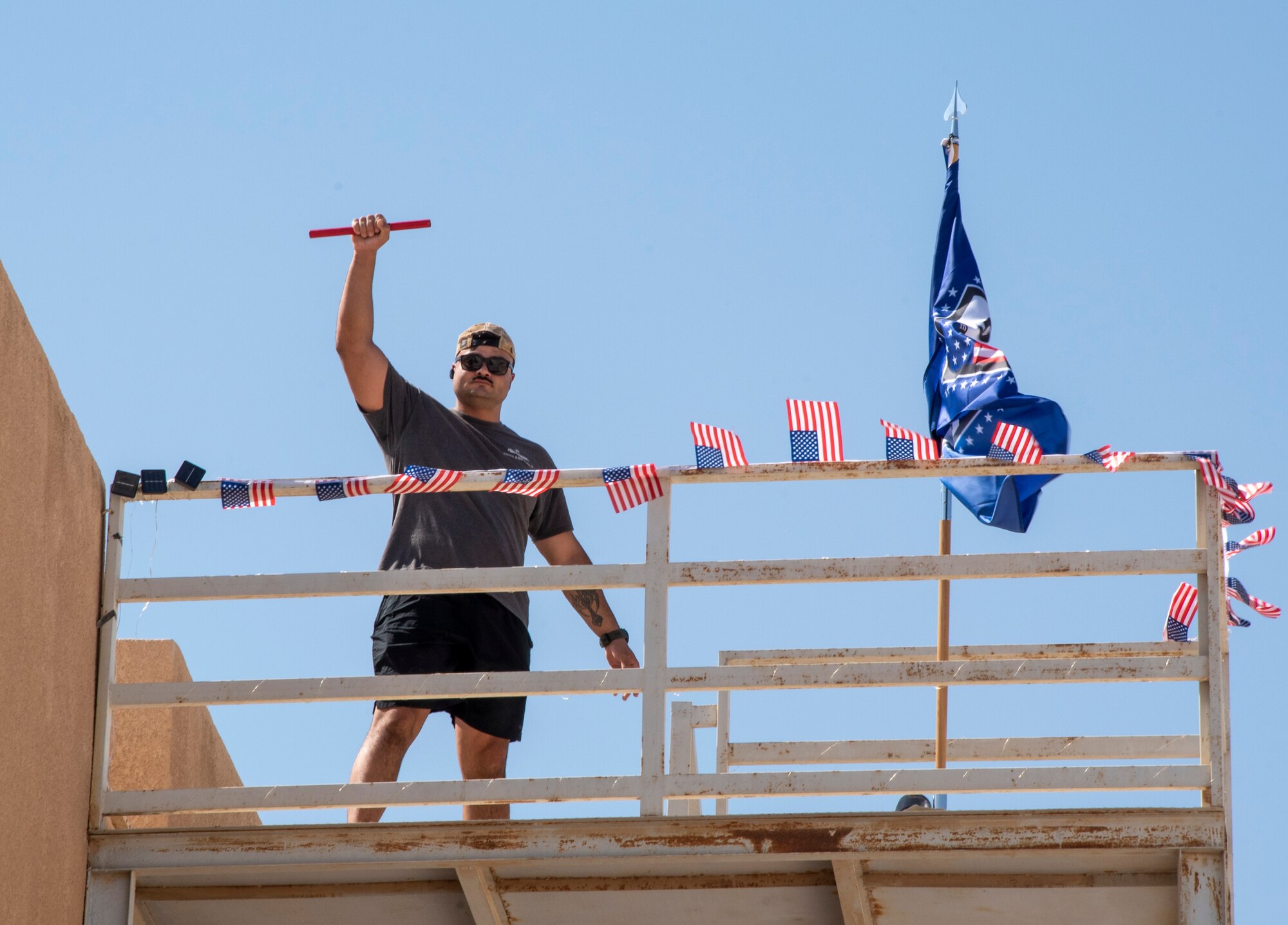 Volunteers with the 332d Air Expeditionary Wing walk up and down the stairs at Wing Headquarters for a combined 24 hours in honor of Patriot Day at an undisclosed location in Southwest Asia, Sept. 11, 2022. Patriot Day is a holiday memorializing the lives lost in the terrorist attacks September 11, 2001, and honoring those who have fought in the Global War on Terror ever since. (U.S. Air Force photo by: Tech. Sgt. Jim Bentley)