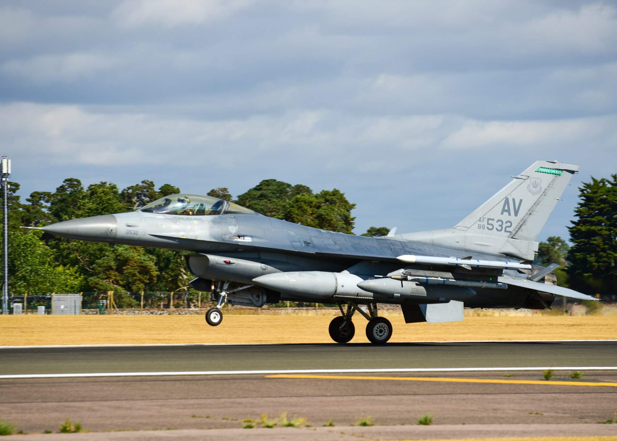A U.S. Air Force F-16C Fighting Falcon, assigned to the 555th Fighter Squadron from the 31st Fighter Wing, Aviano Air Base, Italy, lands