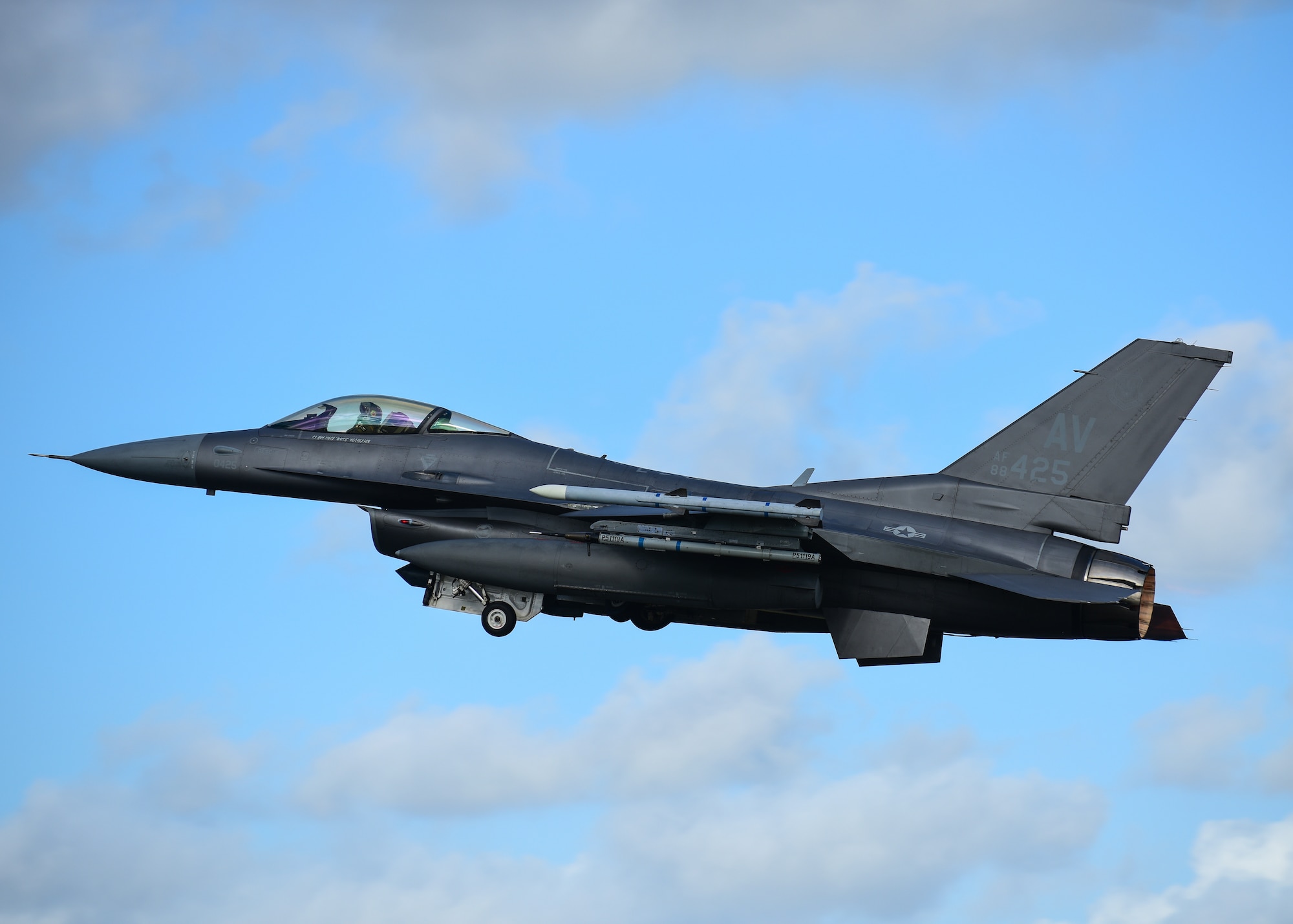 A U.S. Air Force F-16D Fighting Falcon assigned to the 555th Fighter Squadron from the 31st Fighter Wing, Aviano Air Base, Italy, takes flight