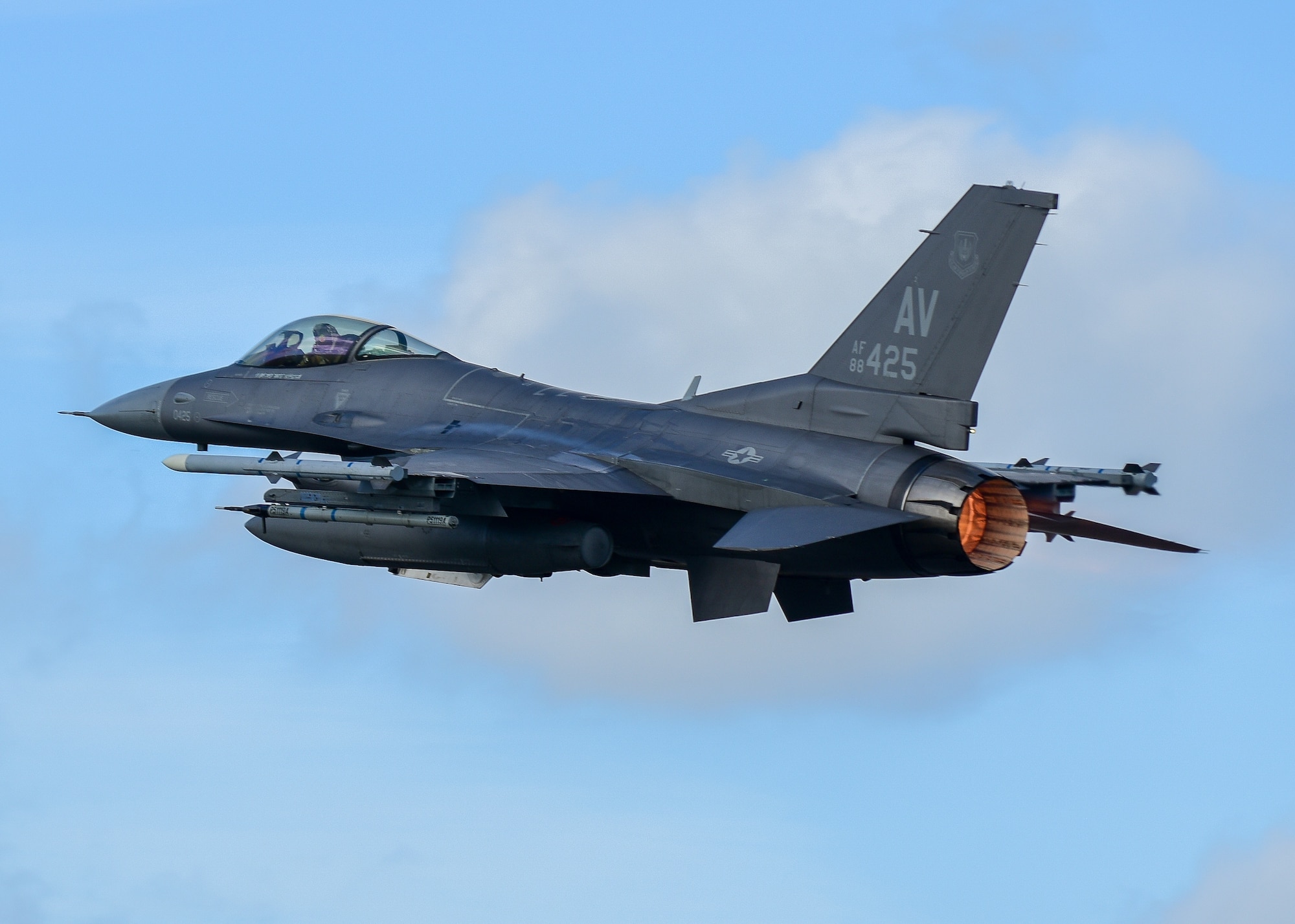 A U.S. Air Force F-16D Fighting Falcon assigned to the 555th Fighter Squadron from the 31st Fighter Wing, Aviano Air Base, Italy, takes flight