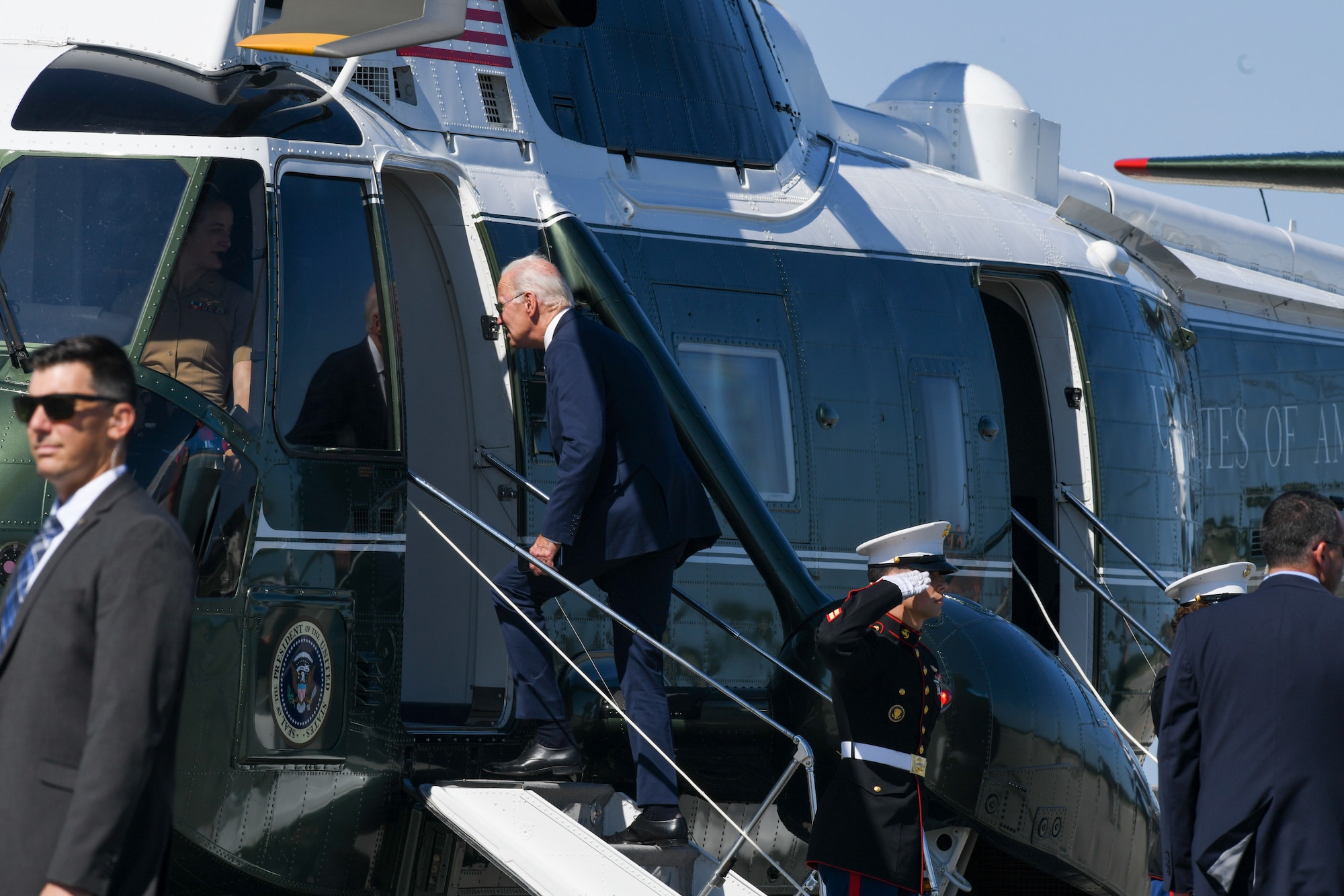 U.S. President Joe Biden boards Marine One at Dover Air Force Base, Delaware, while enroute to Wilmington, Del., Sept. 9, 2022.