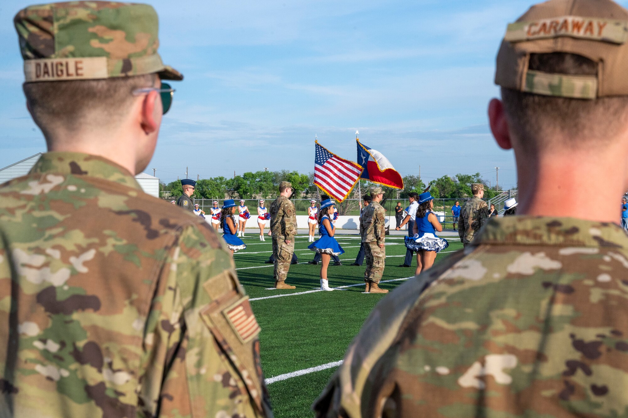 Members from Laughlin Air force Base attend military appreciation night for the homecoming game at Del Rio high school, on Sept. 9, 2022. For Military appreciation night, members from the base led the team out to start the night before Del Rio played their game. (U.S. Air Force photo by Senior Airman Nicholas Larsen)