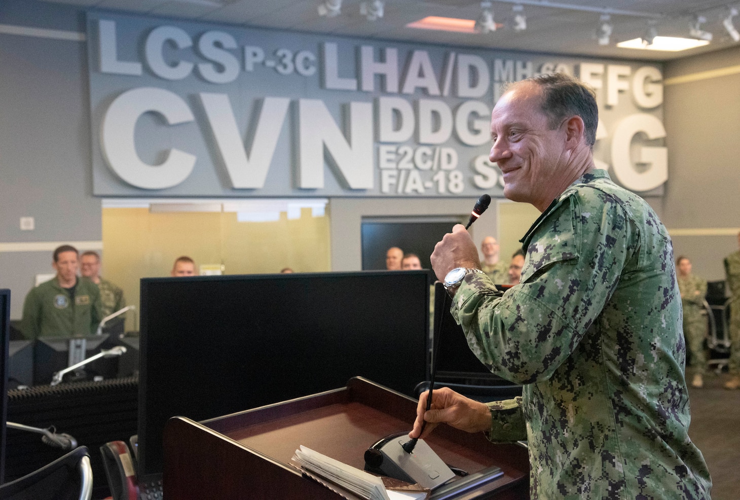 Rear Adm. Robert C. Nowakowski, Reserve vice commander, U.S. Naval Forces Central Command gives opening remarks to Reserve Sailors during a maritime operations center exercise in Norfolk. The maritime operations center exercise, comprised of 10 units, is a training exercise by Reserve Sailors, for Reserve Sailors to strategically align with mission requirements to support the fleet in the four lines of effort which are design, train, mobilize and develop. (U.S. Navy photo by Mass Communications Specialist 1st Class Helen Brown)