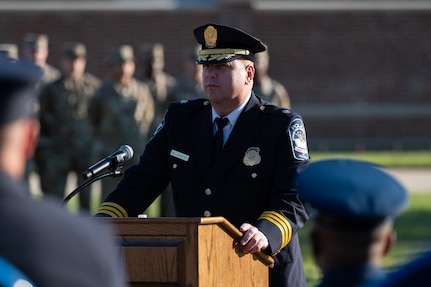 William Lagasse, Deputy Chief of the Pentagon Force Protection Agency, speaks during the 9/11 Remembrance Ceremony at Joint Base Anacostia-Bolling, Washington, D.C., Sept. 9, 2022. The annual event is held in honor of those who lost their lives during the terrorist attacks at the World Trade Center and Pentagon on Sept. 11, 2001, and in remembrance of those who responded. (U.S. Air Force photo by Kristen Wong)