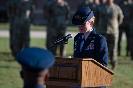 Col. Catherine Logan, JBAB and 11th Wing commander, speaks during the 9/11 Remembrance Ceremony at Joint Base Anacostia-Bolling, Washington, D.C., Sept. 9, 2022. The annual event is held in honor of those who lost their lives during the terrorist attacks at the World Trade Center and Pentagon on Sept. 11, 2001, and in remembrance of those who responded. (U.S. Air Force photo by Kristen Wong)