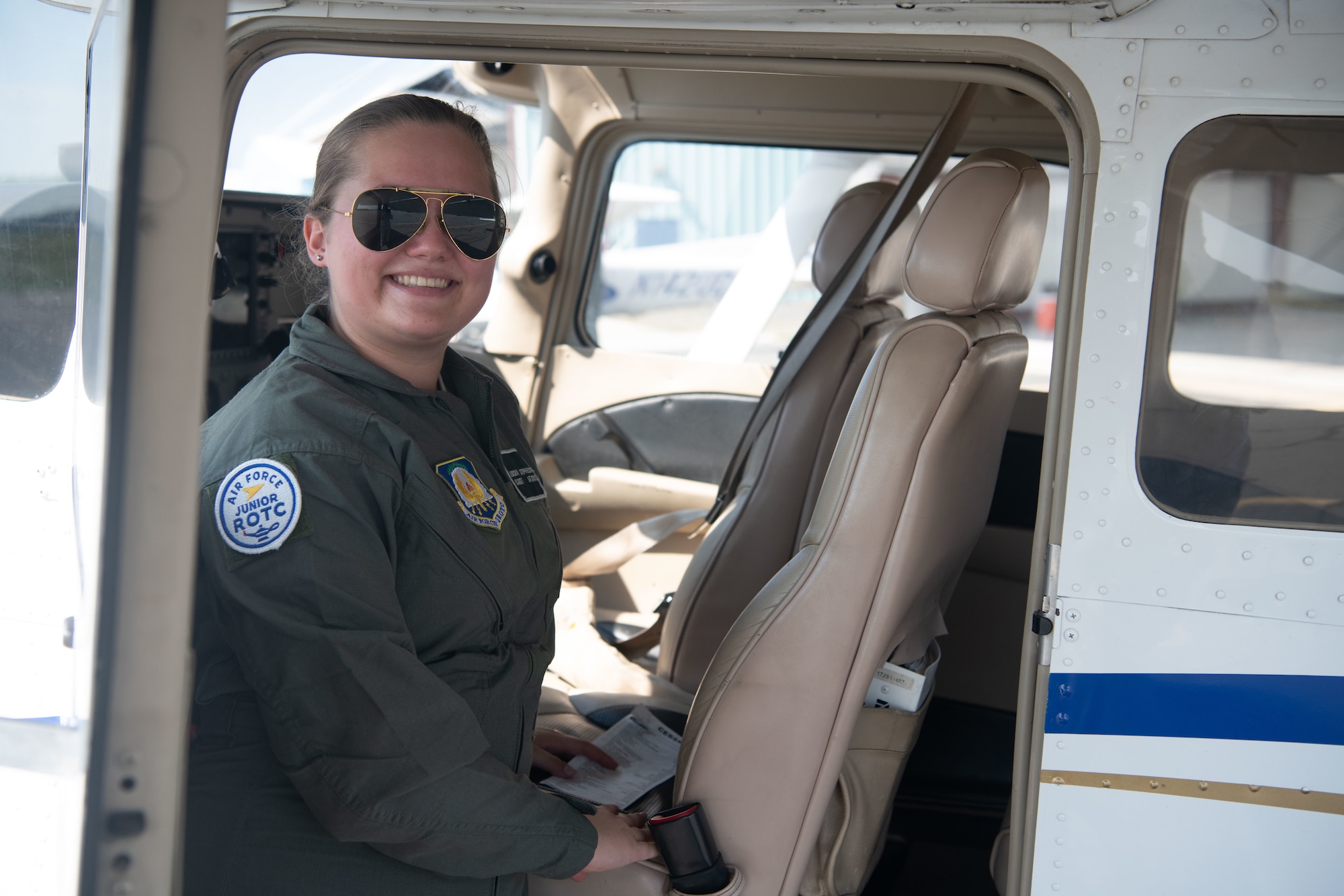 Air Force Cadet Lochli Stephenson, poses for a photo at Salisbury, Maryland, August 10, 2022. Stephenson talked about how the Junior Reserve Officer Training Corps not only got her pilot's license but boosted her confidence to speak in public and has just supported her overall.