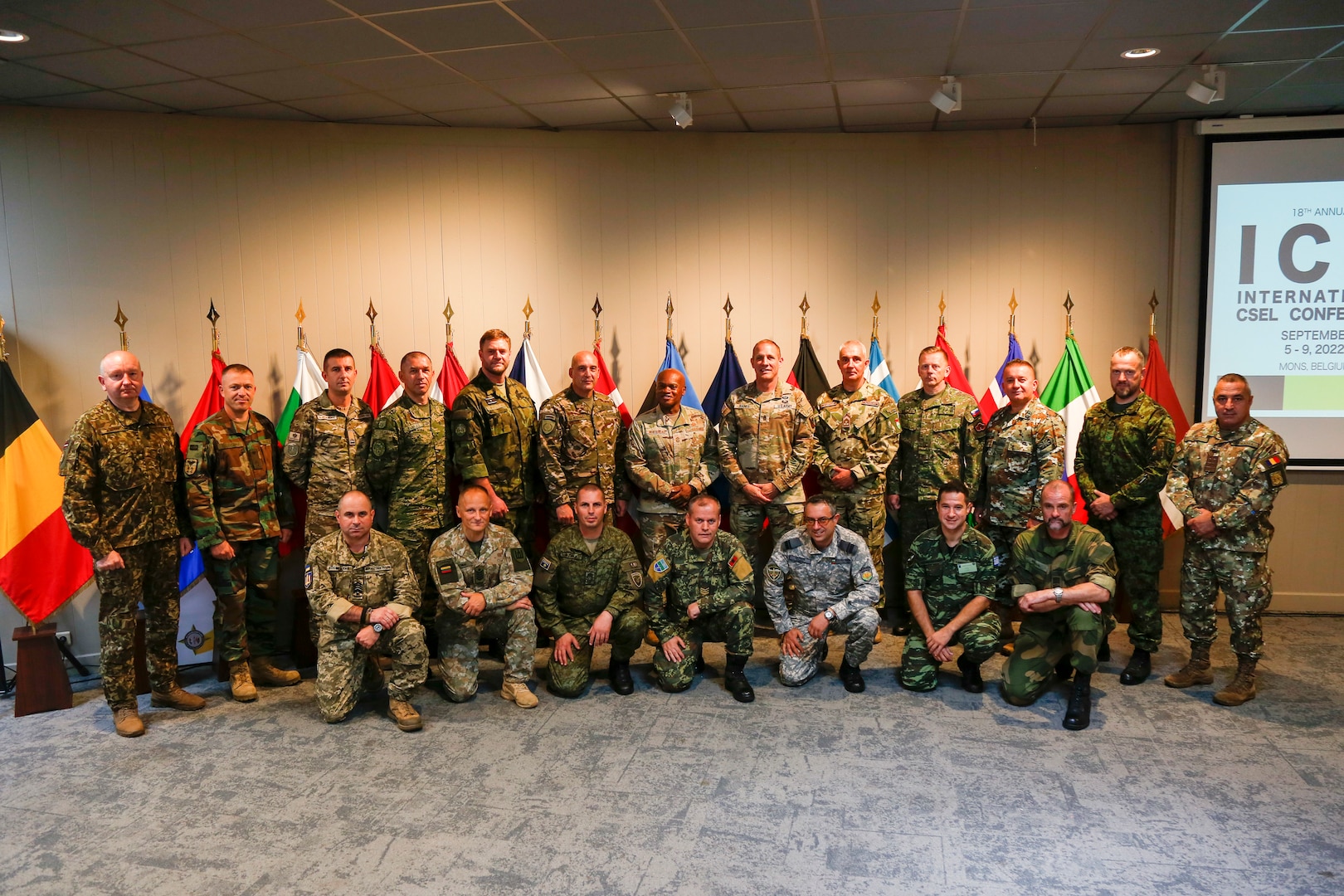 Senior Enlisted Advisor Tony L. Whitehead, the senior enlisted advisor to the chief, National Guard Bureau, center, and Command Sgt. Maj. John Raines, the Army National Guard command sergeant major, center right, stand for a photo with European command senior enlisted leaders during the 18th Annual International CSEL Conference at Supreme Headquarters Allied Powers Europe, Casteau, Belgium, Sept. 8, 2022.