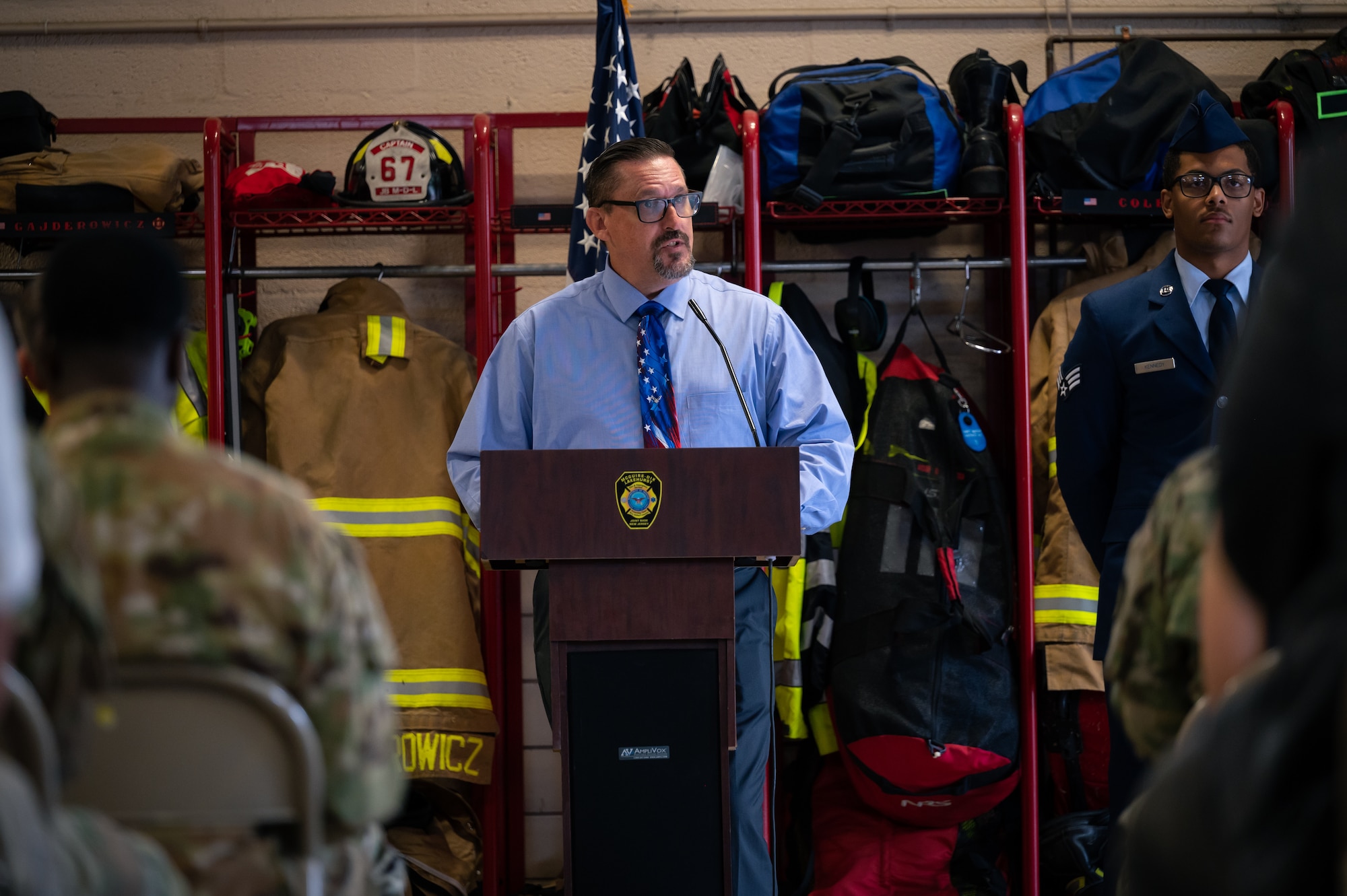 James J. Warrick, 87th Air Base Wing historian, provides opening remarks during a 9/11 memorial ceremony at Joint Base McGuire-Dix-Lakehurst, N.J., Sept. 11, 2022.