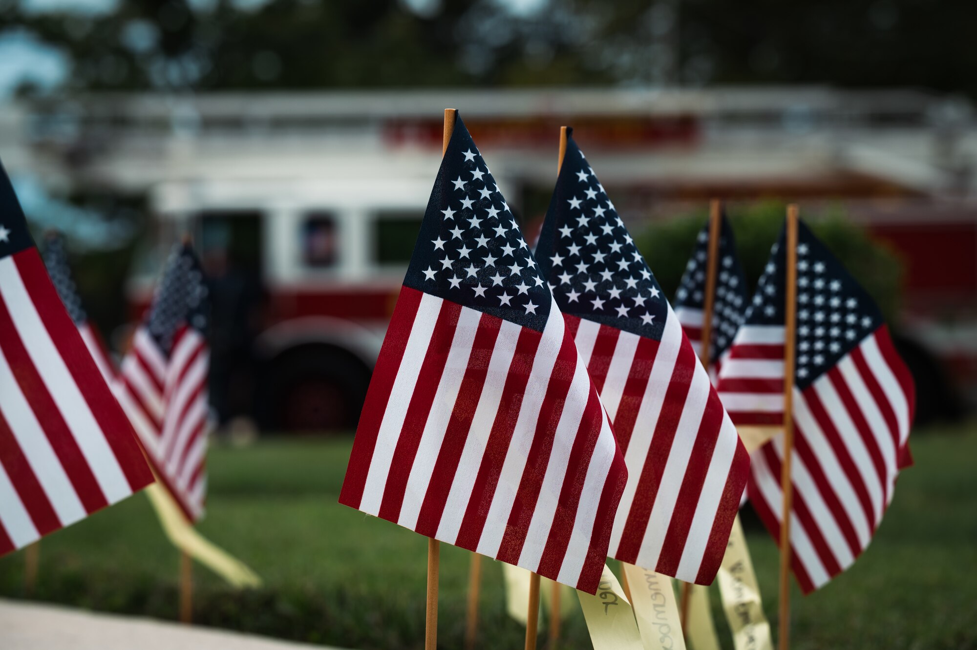 U.S. flags placed on a 9/11 memorial at Joint Base McGuire-Dix-Lakehurst, N.J., Sept. 11, 2022.