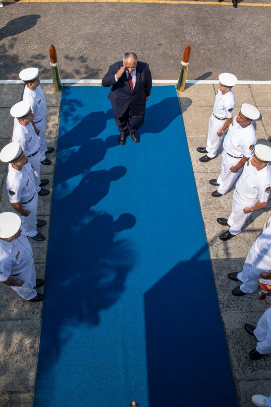 Secretary of the Navy Carlos Del Toro salutes as he is welcome by the Brazilian Navy for the opening ceremony of exercise UNITAS LXIII in Rio de Janeiro, Sept. 8, 2022.