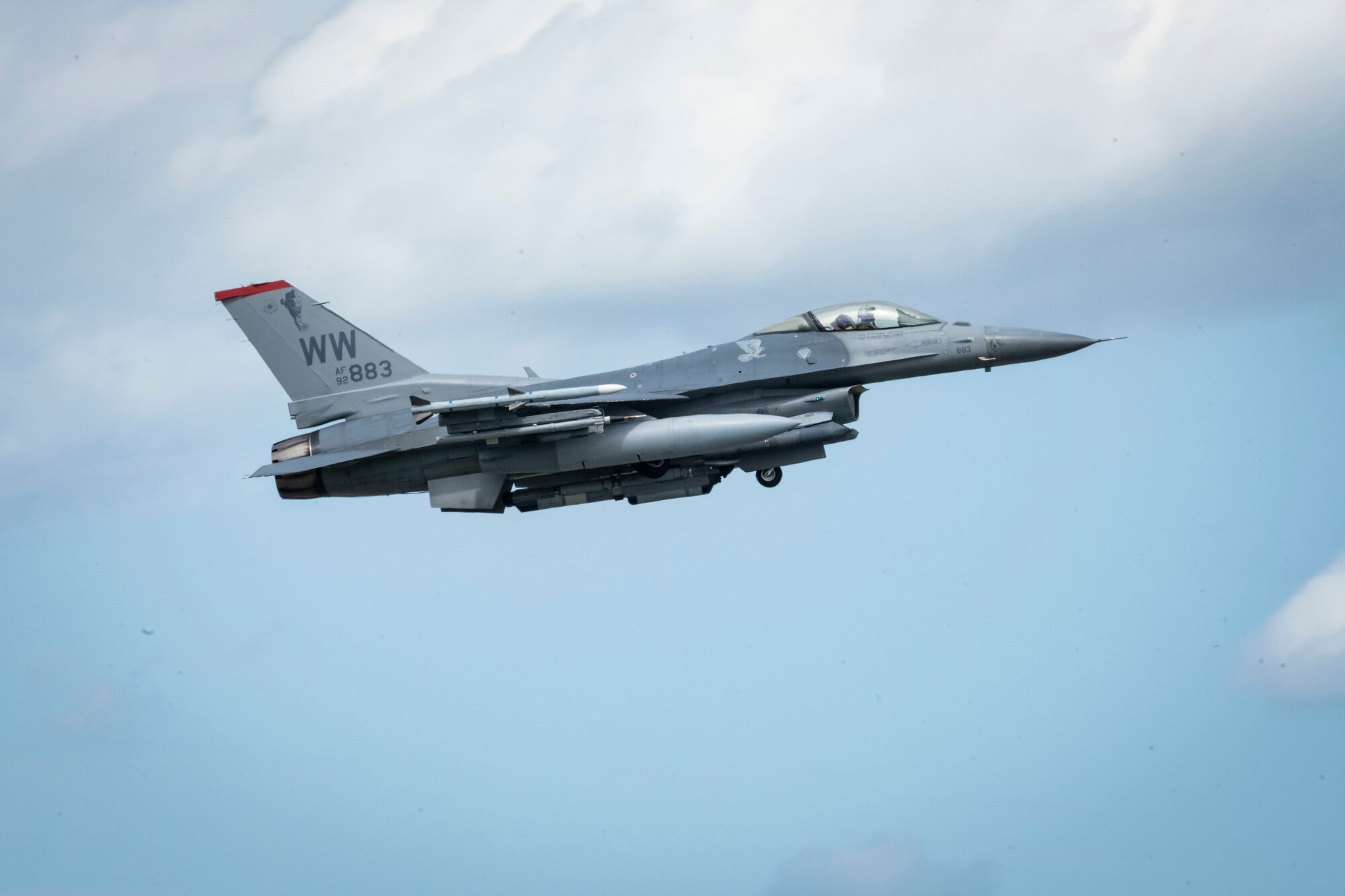 U.S. Air Force F-16 Fighting Falcon takes off of the runway.