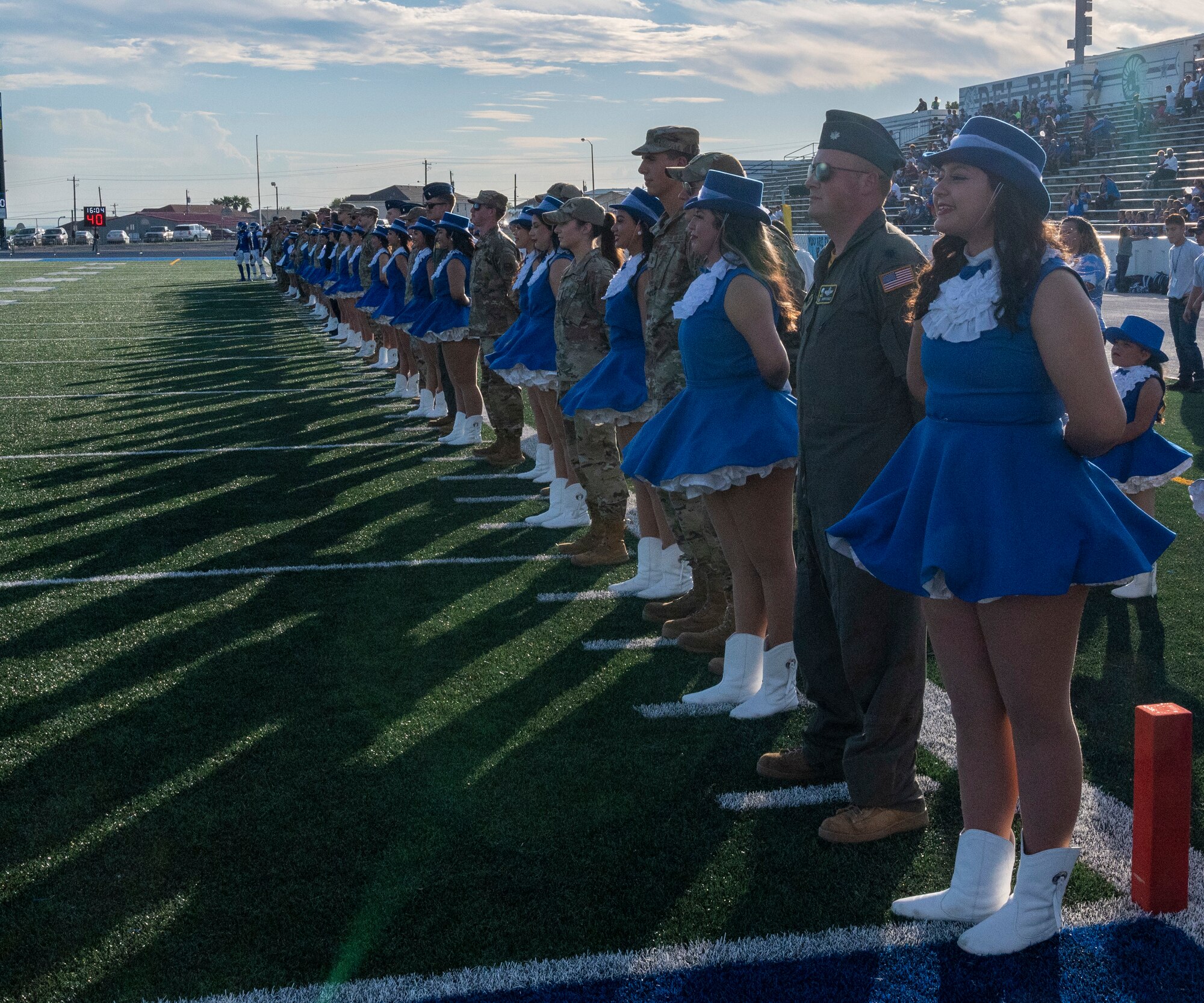 Members from Laughlin Air force Base attend military appreciation night for the homecoming game at Del Rio high school, on Sept. 9, 2022. For Military appreciation night, members from the base led the team out to start the night before Del Rio played their game. (U.S. Air Force photo by Senior Airman Nicholas Larsen)