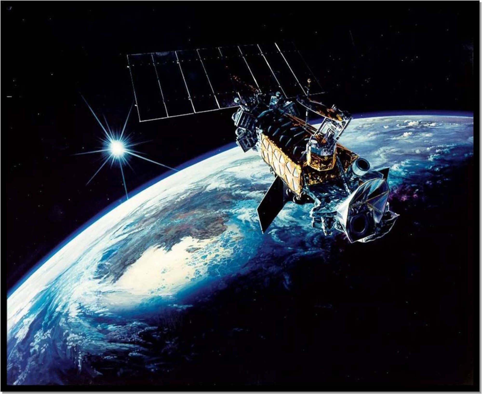 Defense Meteorological Satellite Program satellites, like the one shown in an artist's rendition here, provide critical, strategic, and tactical meteorological and environmental data to military and civilian users around the world. Since the mid-1960's, when the Department of Defense initiated the DMSP, low, earth-orbiting satellites have provided the military with important environmental information. Each DMSP satellite has a 101-minute orbit and provides global coverage twice per day. (Courtesy illustration)