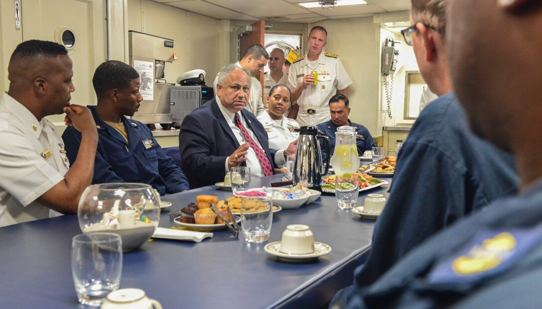SECNAV Carlos Del Toro speaks with the Chiefs Mess aboard USS Lassen (DDG 82).