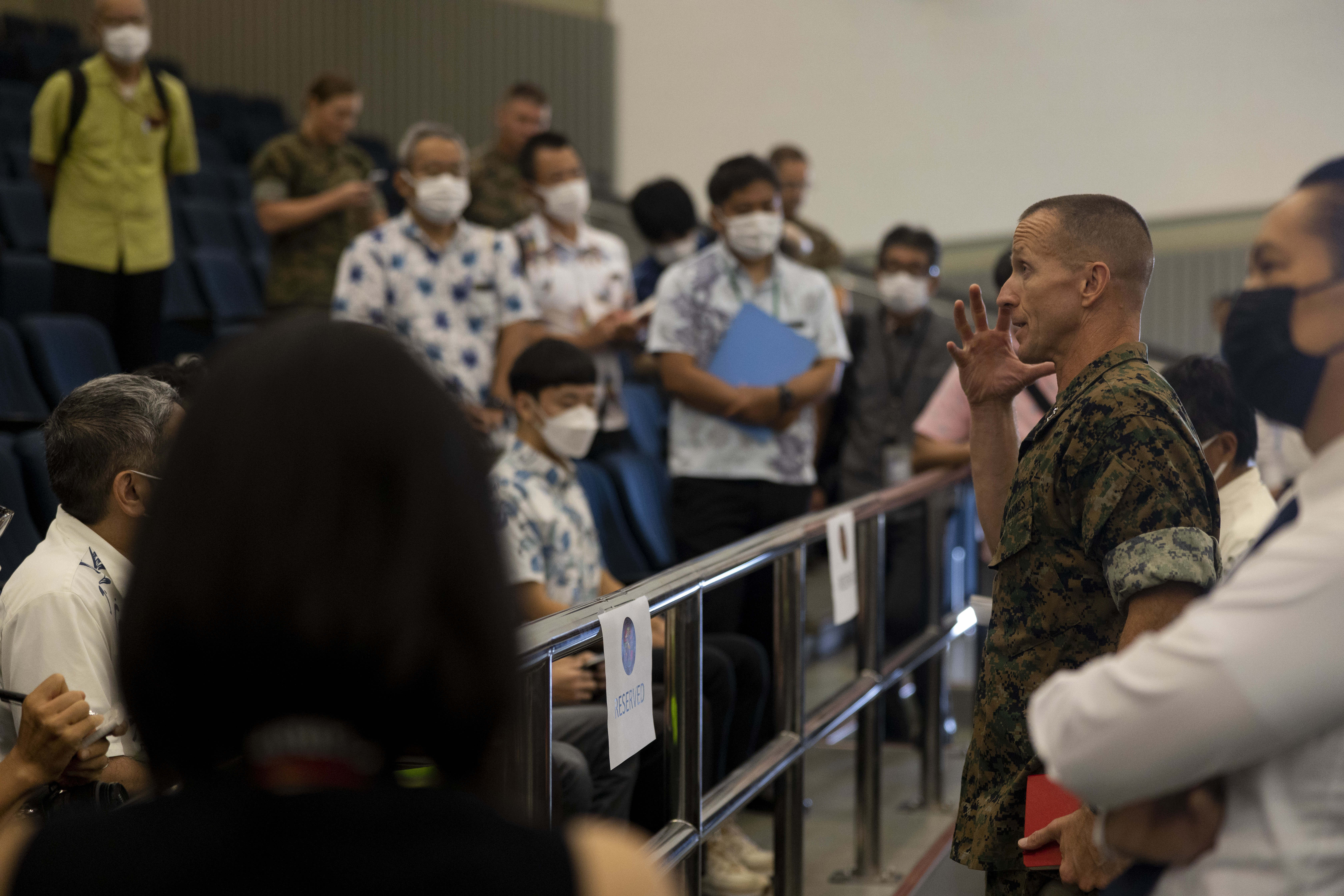 U.S. Marine Corps Maj. Gen. Stephen Liszewski, the commanding general of Marine Corps Installations Pacific, explains his plan to lower the number of traffic incidents to local government workers on Camp Foster, Okinawa, Japan, Sept. 1, 2022. Presenters with Stay Alive from Education provided “Street Smart” training to Marines to raise awareness of the consequences of unsafe driving. The SAFE team is a group of firefighters and paramedics that performed an interactive presentation to educate audiences on car accident scenarios. (U.S. Marine Corps photo by Lance Cpl. Thomas Sheng)
