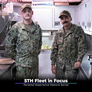Culinary Specialist 2nd Class Christian Bostick, left, and Culinary Specialist 1st Class Adrian Hernandez, right, pose for a photo aboard U.S. Coast Guard fast response cutter USCGC Charles Moulthrope (WPC 1141), Aug. 25.