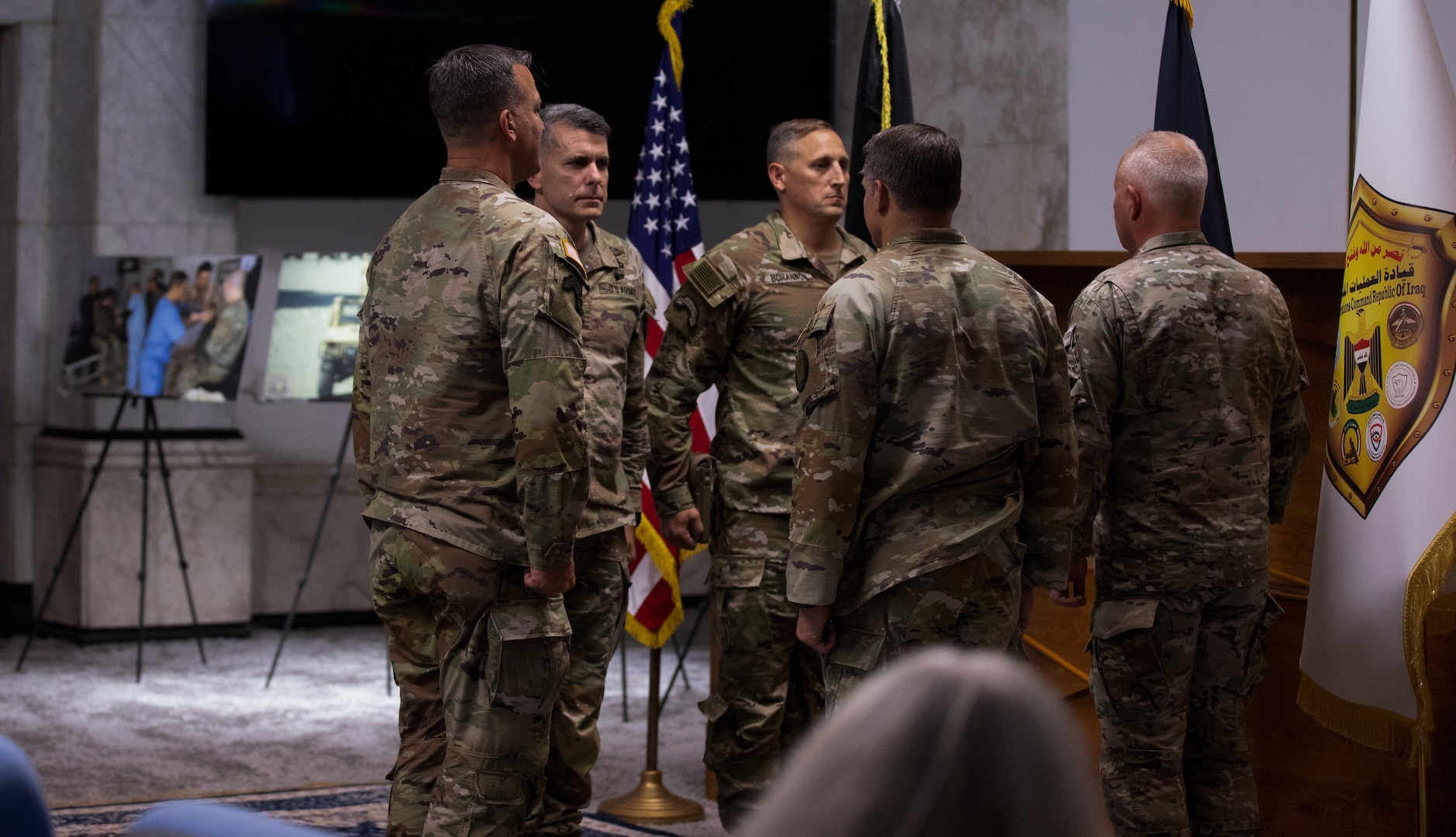 The official party prepares to transfer authority for Combined Joint Task Force-Operation Inherent Resolve, Baghdad Iraq, Sept. 8, 2022. Gen. Michael E. Kurilla, commander of U.S. Central Command, presided over the ceremony between U.S. Army Maj. Gen. John Brennan and U.S. Army Maj. Gen. Matthew McFarlane. (U.S. Army photo by Sgt. Julio Hernandez