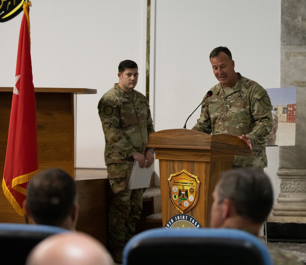 U.S. Army Gen. Michael E. Kurilla, commander of the U.S. Central Command, speaks to attendees during a Combined Joint Task Force - Operation Inherent Resolve transfer of authority ceremony in Baghdad, Iraq, Sept. 8, 2022. Kurilla presided over the transfer of authority for CJTF-OIR from U.S. Army Maj. Gen. John Brennan to U.S. Army Maj. Gen. Matthew McFarlane. (U.S Army photo by Sgt. Julio Hernandez) (This photo has been cropped to emphasize the subject)