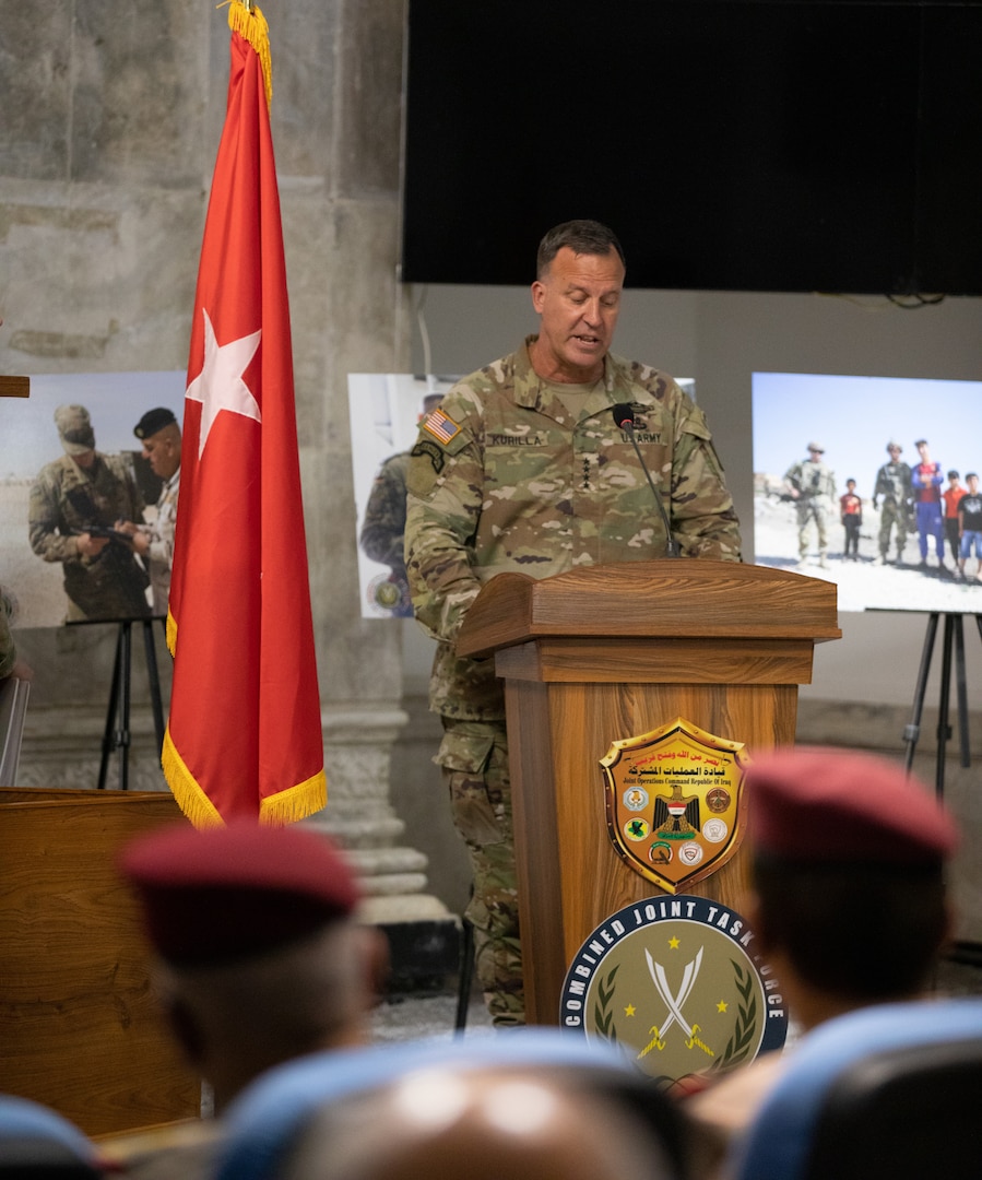 U.S. Army Gen. Michael E. Kurilla, commander of U.S. Central Command, speaks during a transfer of authority ceremony for Combined Joint Task Force - Operation Inherent Resolve, Baghdad, Iraq, Sept. 8, 2022. CJTF-OIR remains steadfast in its commitment to support partner forces in Iraq and Syria as they secure the enduring defeat of Da’esh. (U.S Army photo by Sgt. Julio Hernandez)