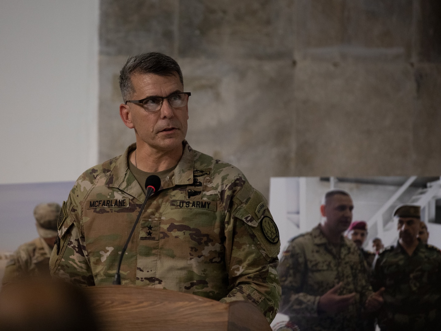 U.S. Army Maj. Gen. Matthew McFarlane, commander of Combined Joint Task Force - Operation Inherent Resolve, speaks during a transfer of authority ceremony at Baghdad, Iraq, Sep. 8, 2022. CJTF-OIR remains steadfast in its commitment to support partner forces in designated areas of Iraq and Syria as they secure the enduring defeat of Da’esh and prevent the group’s reemergence. (U.S Army photo by Sgt. Julio Hernandez)
