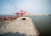 (Sep. 12, 2022) The Lewis B. Puller-class expeditionary sea base USS Hershel "Woody" Williams (ESB 4) sits in port after arriving in Pointe-Noire, Republic of Congo, Sep. 12, 2022. Hershel "Woody" Williams is rotationally deployed to the U.S. Naval Forces Africa area of operations, employed by U.S. Sixth Fleet, to defend U.S., allied and partner interests.