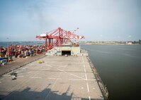 (Sep. 12, 2022) The Lewis B. Puller-class expeditionary sea base USS Hershel "Woody" Williams (ESB 4) sits in port after arriving in Pointe-Noire, Republic of Congo, Sep. 12, 2022. Hershel "Woody" Williams is rotationally deployed to the U.S. Naval Forces Africa area of operations, employed by U.S. Sixth Fleet, to defend U.S., allied and partner interests.
