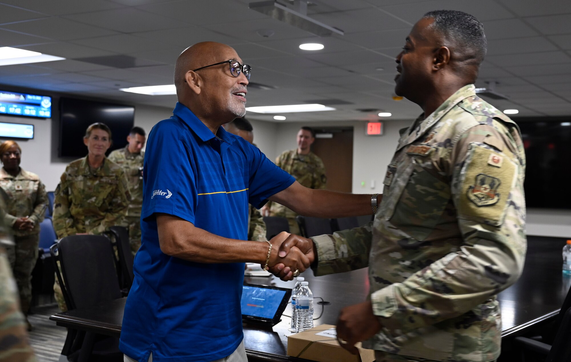 James T. McCain Jr., left, Sumter County council chairman, speaks with U.S. Air Force Col. Derrick J. Floyd, right, Ninth Air Forces (Air Forces Central) Manpower and Personnel director, at Shaw Air Force Base, South Carolina, Sept. 12, 2022. McCain Jr. spoke to AFCENT personnel about his personal connection to the local community in addition to the importance of diversity and inclusion. (U.S. Air Force by Senior Master Sgt. Nadine Barclay)